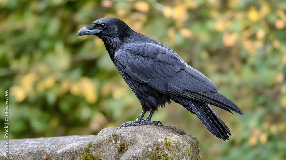 majestic black raven perched on stone, showcasing its glossy feathers and sharp beak. background features soft green and yellow foliage, enhancing birds striking appearance majestic black raven perched on stone, showcasing its glossy feathers and sharp beak. background features soft green and yellow foliage, enhancing birds striking appearance