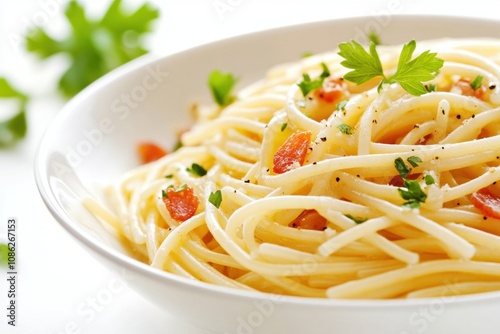 Classic spaghetti carbonara served in a white bowl, featuring a creamy sauce, crispy pancetta, grated Parmesan cheese, and fresh black pepper, creating a delicious Italian pasta dish perfect for lunch