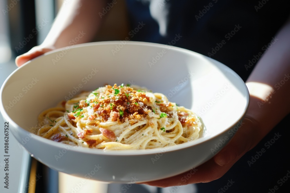 Classic spaghetti carbonara served in a white bowl, featuring a creamy sauce, crispy pancetta, grated Parmesan cheese, and fresh black pepper, creating a delicious Italian pasta dish perfect for lunch Classic spaghetti carbonara served in a white bowl, featuring a creamy sauce, crispy pancetta, grated Parmesan cheese, and fresh black pepper, creating a delicious Italian pasta dish perfect for lunch