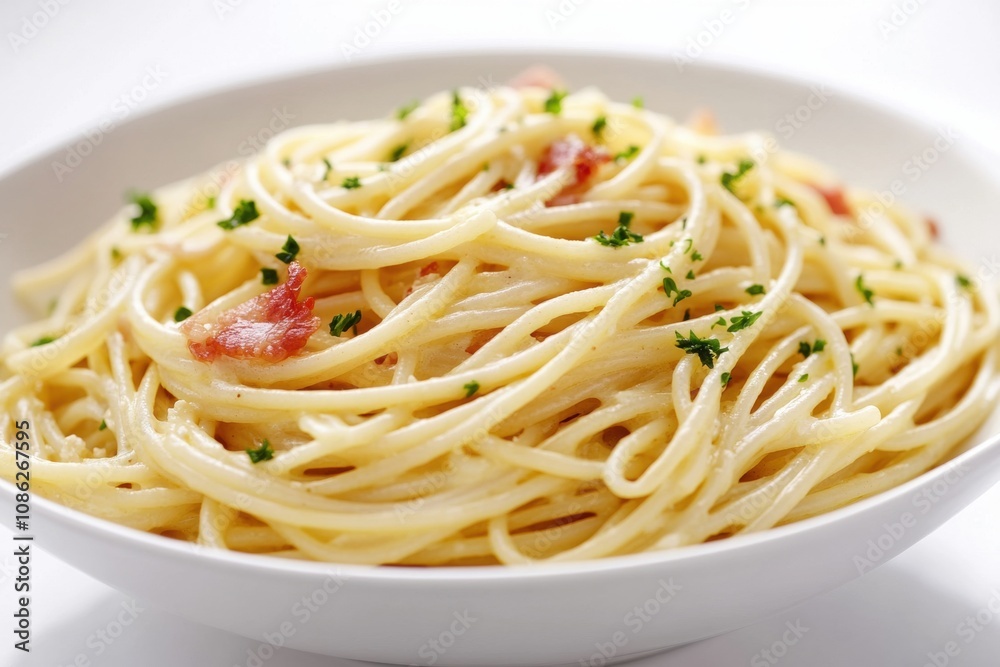 Classic spaghetti carbonara served in a white bowl, featuring a creamy sauce, crispy pancetta, grated Parmesan cheese, and fresh black pepper, creating a delicious Italian pasta dish perfect for lunch Classic spaghetti carbonara served in a white bowl, featuring a creamy sauce, crispy pancetta, grated Parmesan cheese, and fresh black pepper, creating a delicious Italian pasta dish perfect for lunch