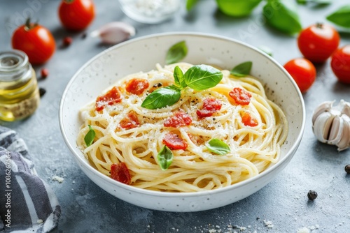 Classic spaghetti carbonara served in a white bowl, featuring a creamy sauce, crispy pancetta, grated Parmesan cheese, and fresh black pepper, creating a delicious Italian pasta dish perfect for lunch