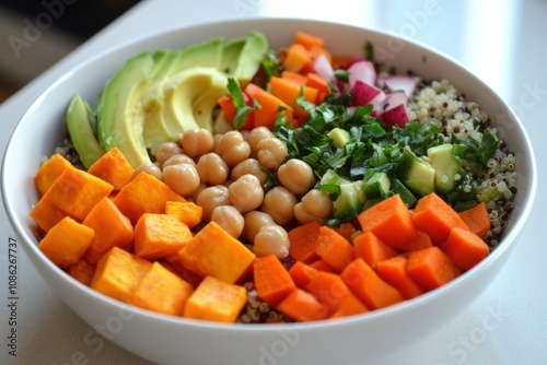 Vegan Buddha Bowl with Quinoa, Chickpeas, Avocado, Sweet Potatoes, and a Rainbow of Fresh Vegetables in a Healthy and Colorful Arrangement 