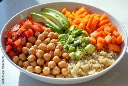 Vegan Buddha Bowl with Quinoa, Chickpeas, Avocado, Sweet Potatoes, and a Rainbow of Fresh Vegetables in a Healthy and Colorful Arrangement 