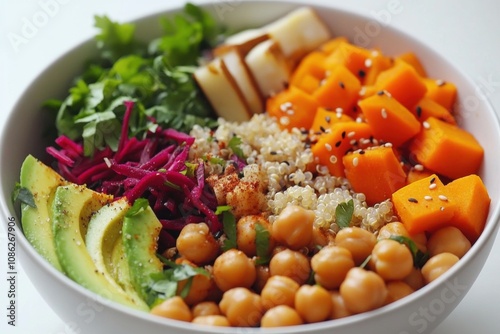 Vegan Buddha Bowl with Quinoa, Chickpeas, Avocado, Sweet Potatoes, and a Rainbow of Fresh Vegetables in a Healthy and Colorful Arrangement 