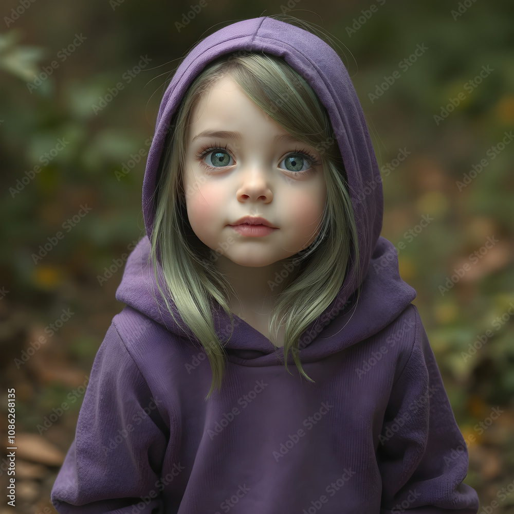 Una preciosa chica con una chamarra morada, que mira hacia el frente con esperanza Una preciosa chica con una chamarra morada, que mira hacia el frente con esperanza