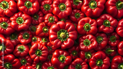 A close-up view of a pile of red bell peppers.