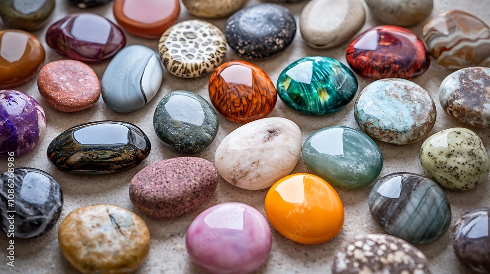 A collection of colorful polished stones on a light background. A collection of colorful polished stones on a light background.