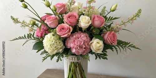 Fototapeta Naklejka Na Ścianę i Meble -  Elegant floral arrangement with long-stemmed roses peonies and hydrangeas, flower bouquet, greenery, peonies, garden flowers