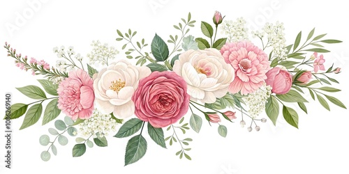 Elegant floral garland with roses peonies and baby's breath, rose arrangement, floral garland, peony