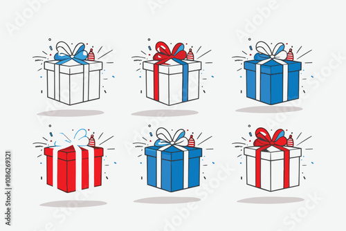 Set of six colorful vector gift box illustrations, easily editable.