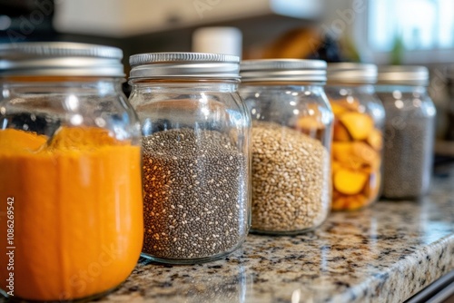 A row of glass jars on a kitchen countertop contains colorful seeds, including pumpkin, hemp, and chia, organized neatly for easy access. Generative AI photo