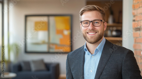 Professional man in suit smiling in modern office setting, showcasing confidence and approachability. background features stylish interior design with cozy atmosphere