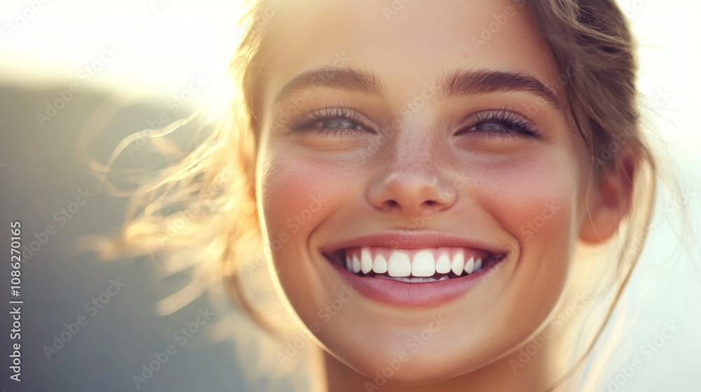 Radiant Woman's Smile in Golden Light Radiant Woman's Smile in Golden Light