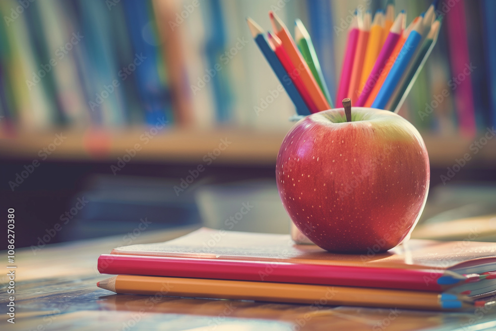 Teacher desk with stationary and fresh red apple in bright classroom bookshelf on background. Education and reading concept. Teacher desk with stationary and fresh red apple in bright classroom bookshelf on background. Education and reading concept.