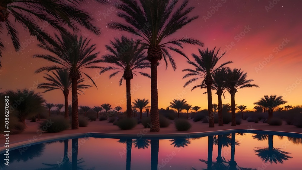 Palm Trees Silhouette Reflected In Pool At Sunset Palm Trees Silhouette Reflected In Pool At Sunset
