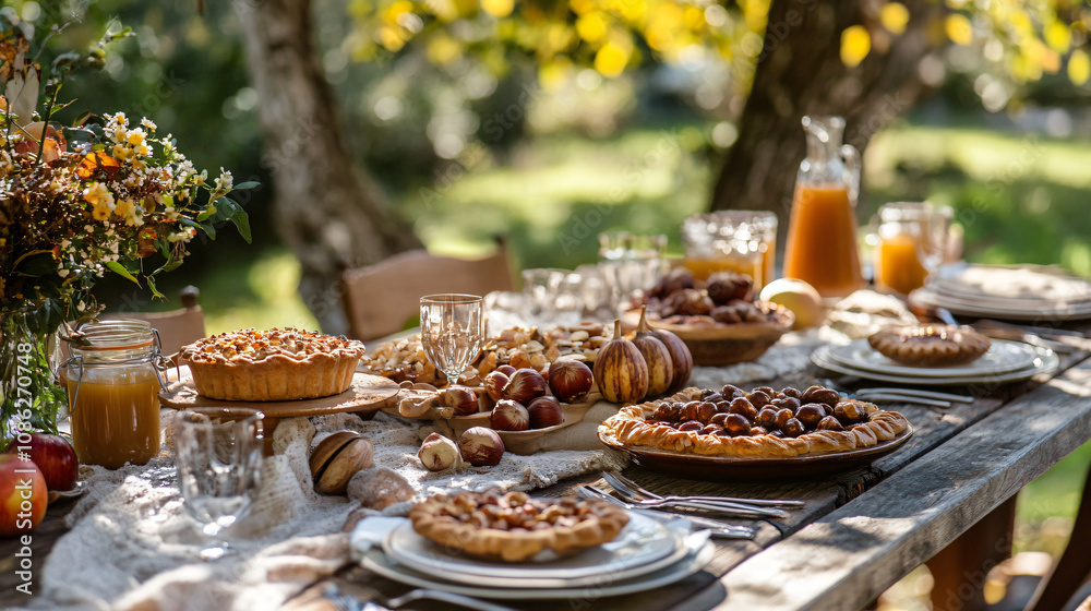 A charming outdoor table set with roasted chestnuts, apple cider, and a selection of autumn-themed treats like pies and caramelized nuts. A charming outdoor table set with roasted chestnuts, apple cider, and a selection of autumn-themed treats like pies and caramelized nuts.