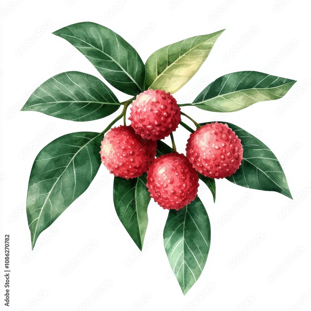 A close up of a red fruit with green leaves A close up of a red fruit with green leaves