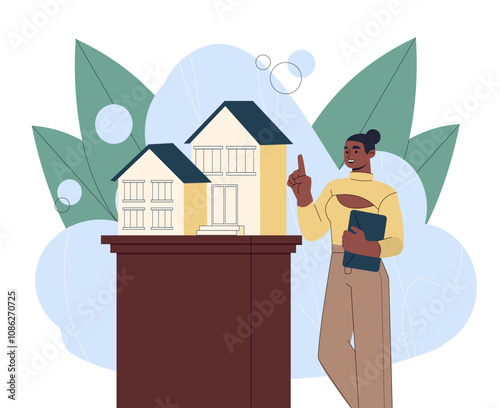 Woman with apartment sale. Young girl sells real estate. Transactions with private property. Realtor near building. Mortgage and rent. Flat vector illustration isolated on white background