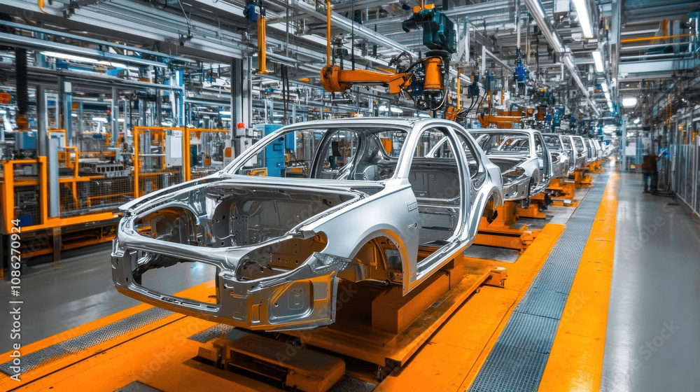 robotic arm is welding car steel frames in modern automotive factory, showcasing advanced manufacturing technology and efficiency robotic arm is welding car steel frames in modern automotive factory, showcasing advanced manufacturing technology and efficiency