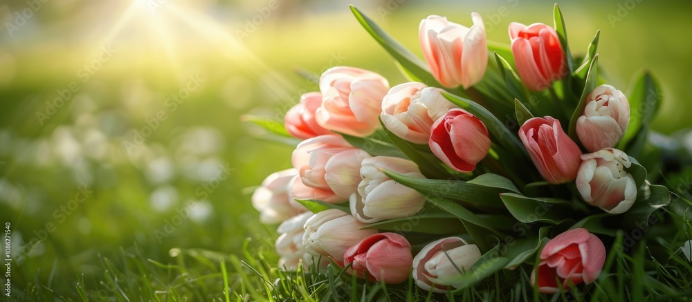 Elegant Arrangement of White and Pink Tulips on Green Grass Elegant Arrangement of White and Pink Tulips on Green Grass
