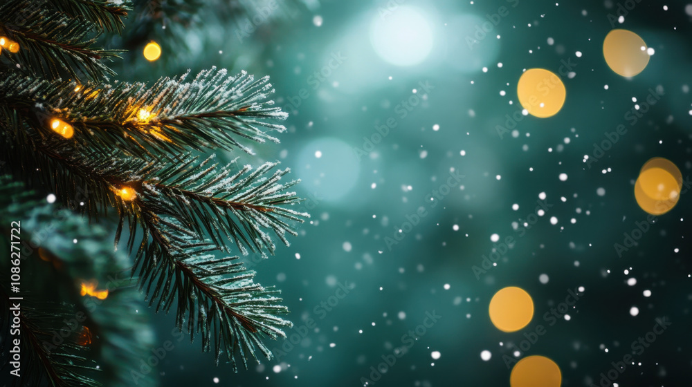serene winter background featuring dark green pine branches adorned with soft glowing lights and gentle snowfall, creating magical Christmas atmosphere serene winter background featuring dark green pine branches adorned with soft glowing lights and gentle snowfall, creating magical Christmas atmosphere