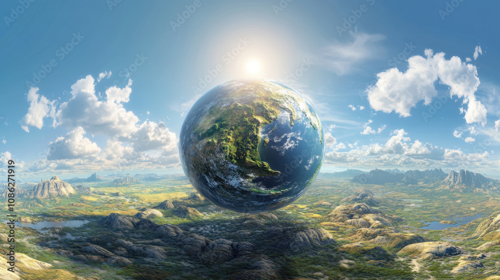 stunning 3D representation of Earth floating above vibrant landscape, showcasing lush greenery, mountains, and bright sun illuminating scene stunning 3D representation of Earth floating above vibrant landscape, showcasing lush greenery, mountains, and bright sun illuminating scene