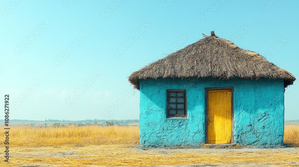 A vibrant blue hut with a thatched roof in a golden field. A vibrant blue hut with a thatched roof in a golden field.