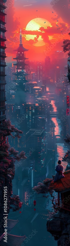 Obraz premium Paint a surreal cyberpunk cityscape at sunset