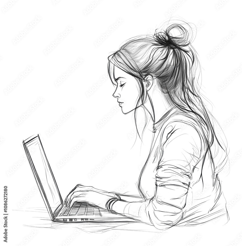PNG Young woman working focused at her laptop at home PNG Young woman working focused at her laptop at home