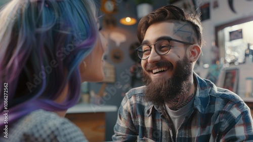 Bearded tattoo artist talking to his female client while showing her tattoo sketch,