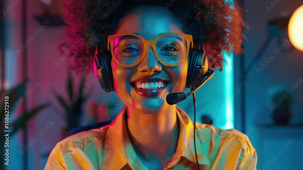 Smiling curly haired woman wearing headset and glasses, AI generated image Smiling curly haired woman wearing headset and glasses, AI generated image
