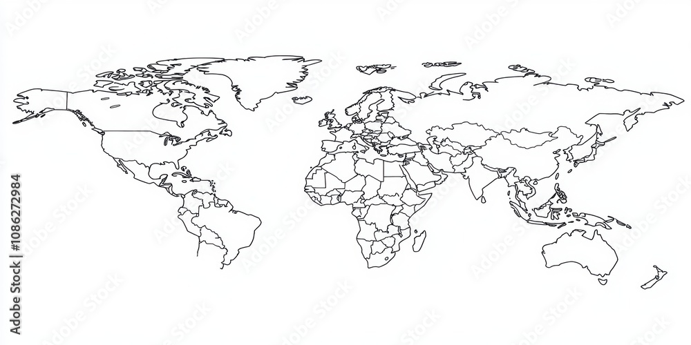 World Map Outline Showing Geographic Areas, Countries, Borders, and Major Regions in a Simple Black and White Illustration Suitable for Educational and Informational Use World Map Outline Showing Geographic Areas, Countries, Borders, and Major Regions in a Simple Black and White Illustration Suitable for Educational and Informational Use
