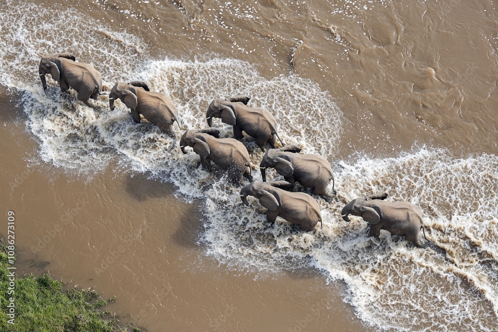 Fototapeta premium Majestic Elephants Crossing a River in Tranquil Harmony