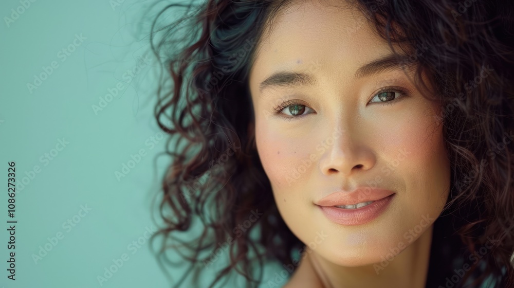 Beautiful mature Asian woman with beautiful curly hair posing for beauty portrait with, copy space Beautiful mature Asian woman with beautiful curly hair posing for beauty portrait with, copy space