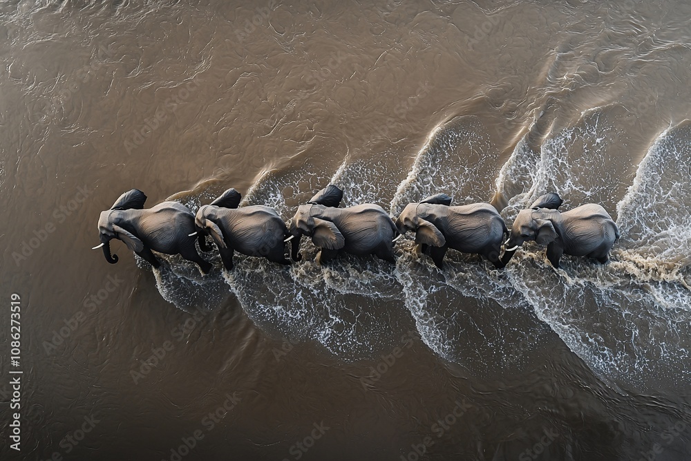 Fototapeta premium Majestic Elephants Swimming Together in Serene Waters