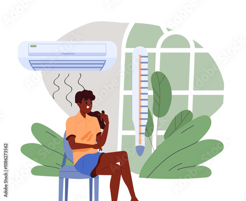 Woman with air conditioner in summer. Young girl sits in an apartment in hot weather. Comfort and coziness at home. Rest and relax indoors. Flat vector illustration isolated on white background