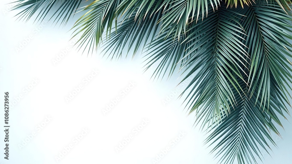 Palm fronds cascade from a wall in a soft blue hue with wispy texture and gentle sway movement, interior design, tropical theme Palm fronds cascade from a wall in a soft blue hue with wispy texture and gentle sway movement, interior design, tropical theme