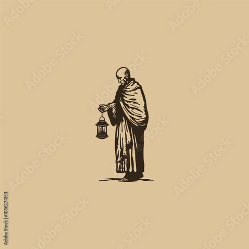 Monk holding lantern logo design vector vintage