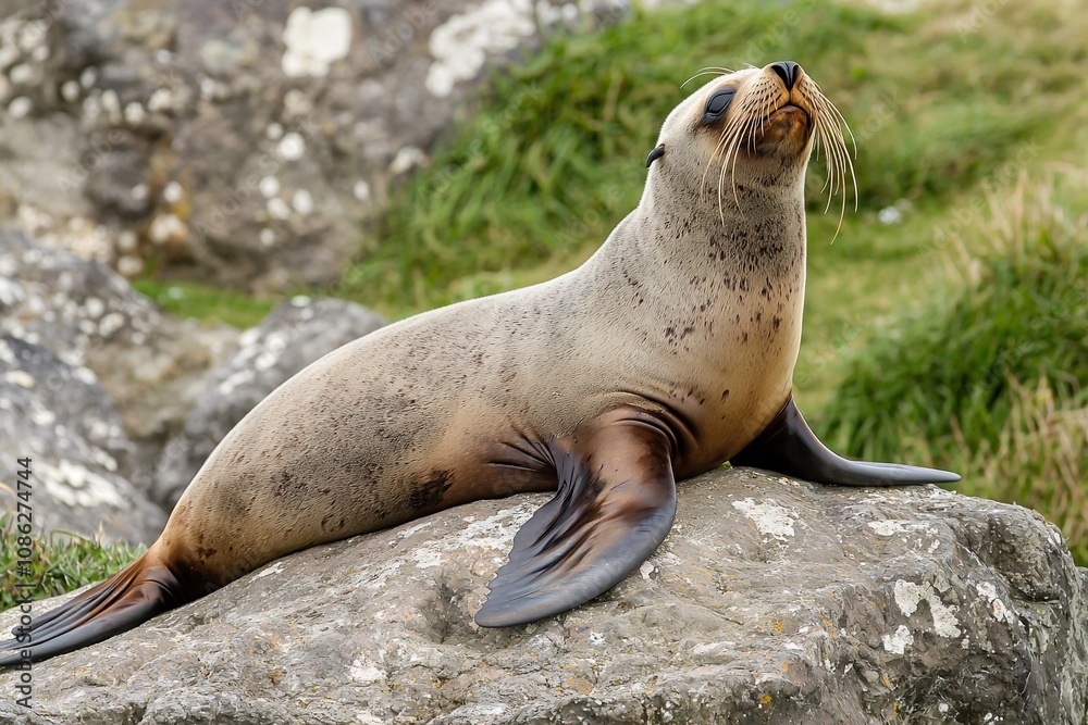 Fototapeta premium Relaxed Sea Lion Sunbathing on a Rocky Shoreline