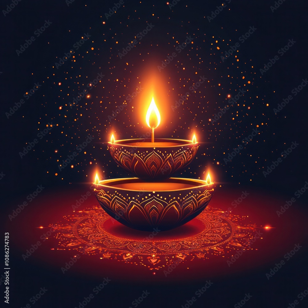 Diwali Lamps with Golden Lights on Red Background - Hand Drawn Vector Illustration Diwali Lamps with Golden Lights on Red Background - Hand Drawn Vector Illustration