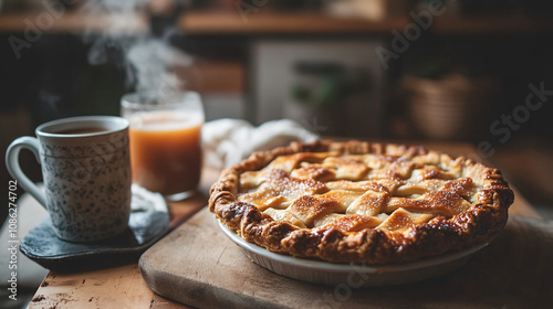 A close-up of a freshly baked apple pie with a perfectly browned top, placed on a wooden countertop with a steaming mug of hot cider.