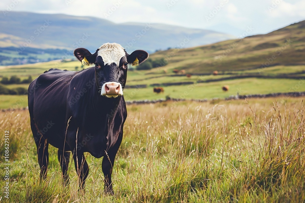 A Serene Encounter with a Black and White Cow in Lush Green Fields A Serene Encounter with a Black and White Cow in Lush Green Fields