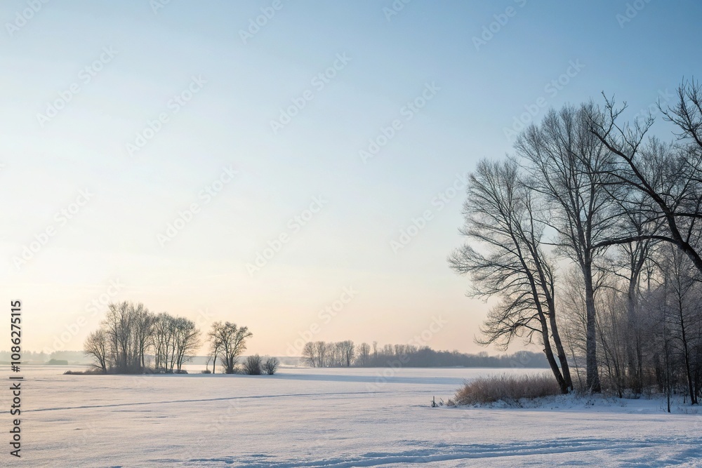 Serene winter landscape with a vast expanse of white sky and bare trees stretching towards the horizon, snowy scenery, cold weather, winter landscape, snow, serene winter scene Serene winter landscape with a vast expanse of white sky and bare trees stretching towards the horizon, snowy scenery, cold weather, winter landscape, snow, serene winter scene