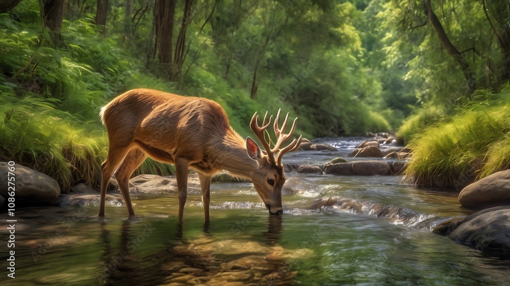 Deer drinks from a forest stream in sunlight Deer drinks from a forest stream in sunlight