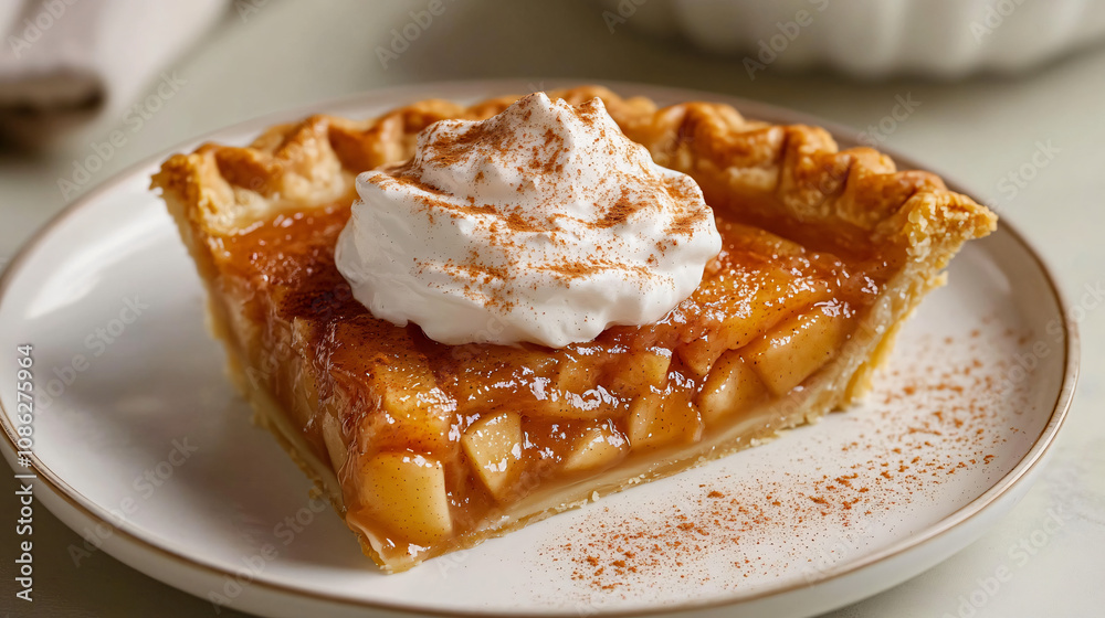 A close-up of a slice of apple pie with a perfectly flaky crust, topped with a dollop of whipped cream and a sprinkle of cinnamon. A close-up of a slice of apple pie with a perfectly flaky crust, topped with a dollop of whipped cream and a sprinkle of cinnamon.