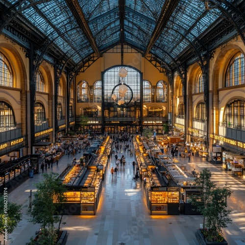 Central Market Hall Interior and Rooftop Panorama in Budapest, Hungary