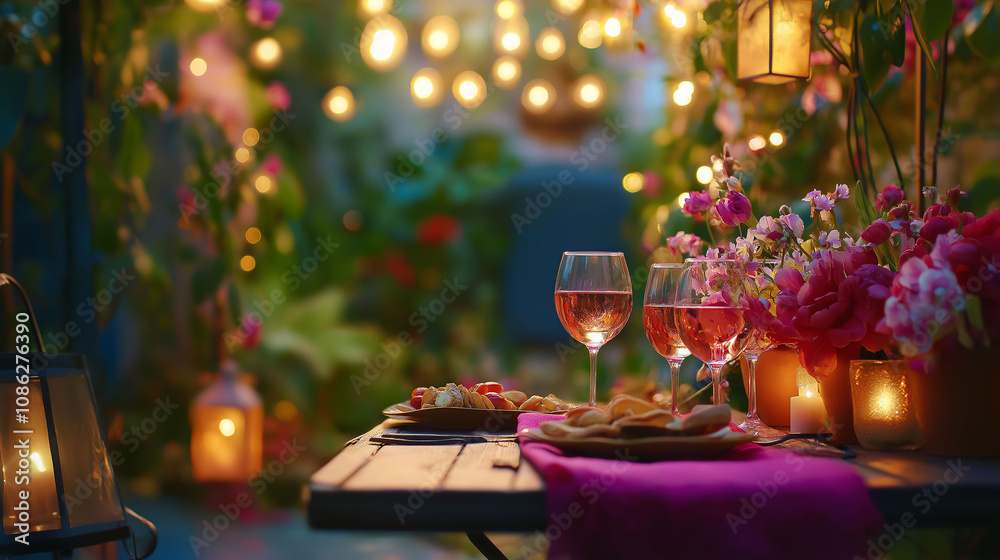 Table with snacks and glasses of wine for a garden party in the afternoon Table with snacks and glasses of wine for a garden party in the afternoon
