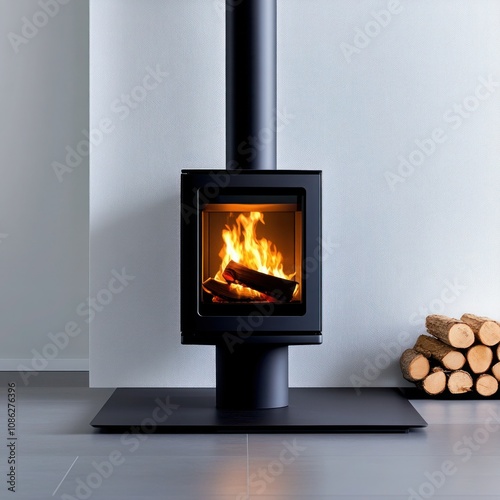 Modern Burning Stove with Flames and Wood Logs Rack for Contemporary Heating