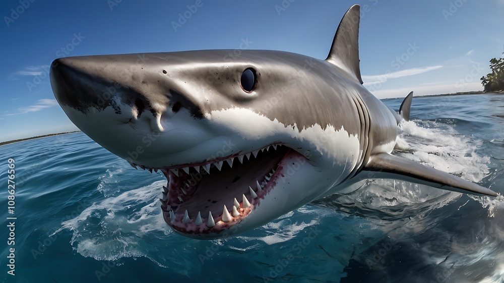 Fototapeta premium Great White Shark Breaching Ocean Surface