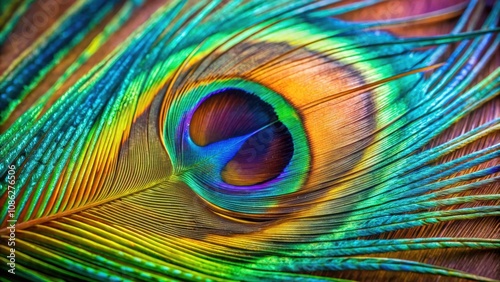 Close up of a vibrant peacock feather , Peacock, feather, detailed, close up, colorful, iridescent, vibrant, exotic, bird